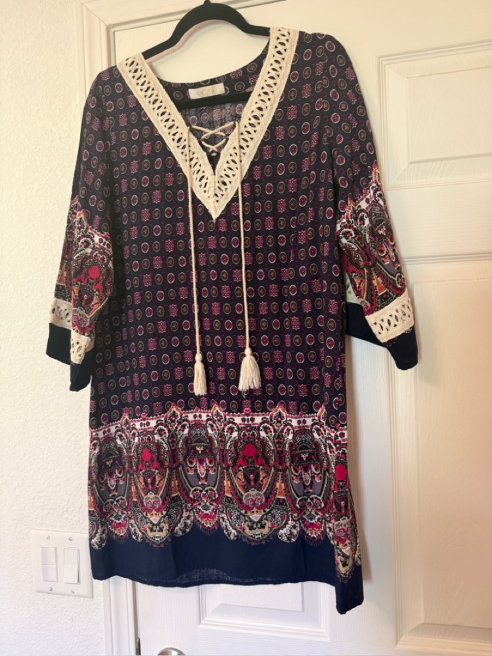 ENTRO Boho Lace-Up Mini Tunic Dress; Navy &pink - Picture 6 of 6